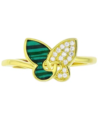 Macy's Lab-grown Malachite & Cubic Zirconia Butterfly Ring In 14k Gold-plated Sterling Silver