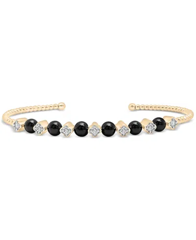 Macy's Lab Grown Onyx Bead (4mm) & White Topaz (1/3 Ct. T.w.) Cuff Bangle Bracelet In 14k Gold-plated Sterl