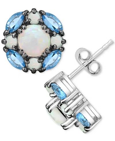 Macy's Lab-grown Opal (1-1/2 Ct. T.w.) & Swiss Blue Topaz (1-1/8 Ct. T.w.) Cluster Stud Earrings In Sterlin