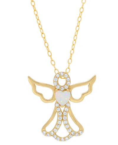 Macy's Lab-grown Opal (1/6 Ct. T.w.) & Cubic Zirconia Heart Angel 18" Pendant Necklace In 14k Gold-plated S