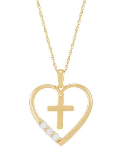Macy's Lab-grown Opal Cross In Heart 18" Pendant Necklace (1/8 Ct. T.w.) In 14k Gold-plated Sterling Silver