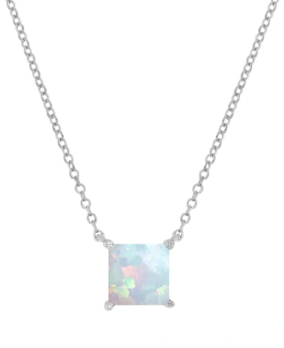 Macy's Lab-grown Opal Square Cut Solitaire 18" Pendant Necklace (5/8 Ct. T.w.) In Silver