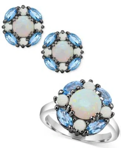 Macy's Lab Grown Opal Swiss Blue Topaz Cluster Ring Earrings Jewelry Collection In Sterling Silver In Multi-gemstone