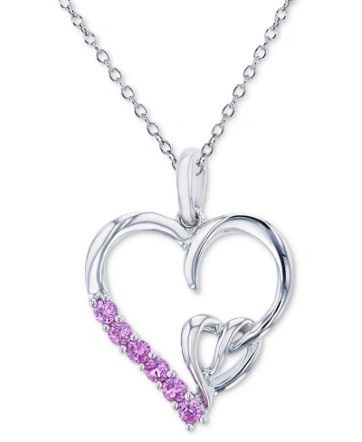 Macy's Lab Grown Pink Sapphire Double Heart 18" Pendant Necklace (1/3 Ct. T.w.) In Sterling Silver
