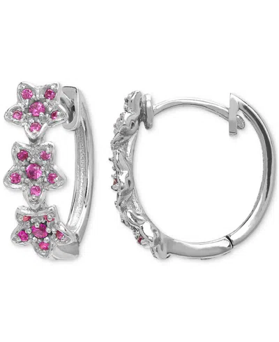 Macy's Lab Grown Pink Sapphire Flower Small Hoop Earrings (5/8 Ct. T.w.) In Sterling Silver, 0.69"