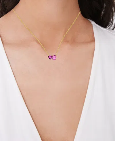 Macy's Lab Grown Pink Sapphire Heart & Cushion Two Stone 18" Pendant Necklace (2-3/4 Ct. T.w.) In 14k Gold-