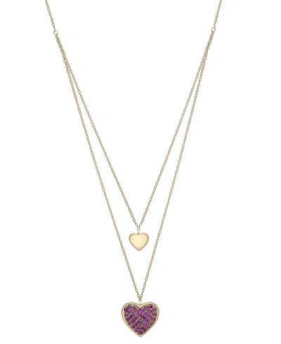 Macy's Lab-grown Pink Sapphire Two Heart 17" Layered Pendant Necklace (7/8 Ct. T.w.) In 14k Gold-plated Ste