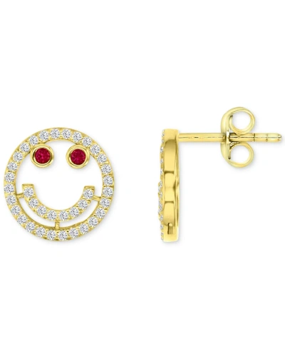 Macy's Lab-grown Ruby (1/4 Ct. T.w.) & Cubic Zirconia Smiley Stud Earrings In 14k Gold-plated Sterling Silv