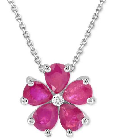 Macy's Lab-grown Ruby (3-3/4 Ct. T.w.) & Diamond Accent Flower 18" Pendant Necklace In Sterling Silver