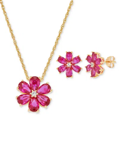 Macy's Lab-grown Ruby (5-1/3 Ct. T.w.) & White Sapphire (1/8 Ct. T.w.) Flower 18" Pendant Necklace In 18k G In Pink