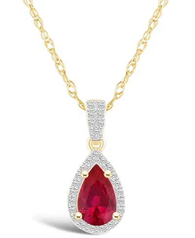 Macy's Lab Grown Ruby (7/8 Ct. T.w.) And Lab Grown Sapphire (1/6 Ct. T.w.) Halo Pendant Necklace In 10k Yel In Red