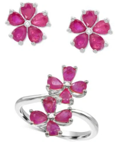 Macy's Lab Grown Ruby Flower Ring Stud Earrings Collection In Sterling Silver In Pink