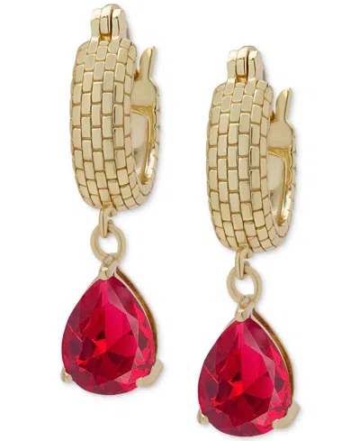 Macy's Lab Grown Ruby Pear Dangle Textured Hoop Earrings (2 Ct. T.w.) In 14k Gold-plated Sterling Silver