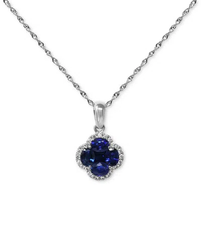 Macy's Sapphire (1 Ct. T.w.) & Diamond (1/10 Ct. T.w.) Clover Halo Cluster Pendant Necklace In 14k White Go