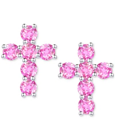 Macy's Lab Grown Sapphire Cross Stud Earrings (1 Ct. T.w.) In 10k White Gold (also In Lab Grow Ruby, Lab Gr In Pink Sapphire