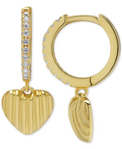 Macy's Lab Grown White Sapphire Dangle Heart Huggie Hoop Earrings (1/5 Ct. T.w.) In 14k Gold-plated Sterlin