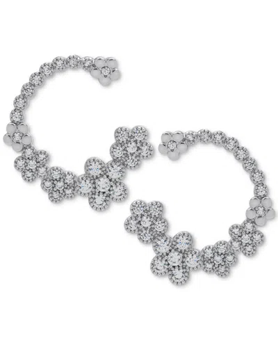 Macy's Lab Grown White Sapphire Flower Cluster C-shape Hoop Earrings (1 Ct. T.w.) In Sterling Silver In Metallic