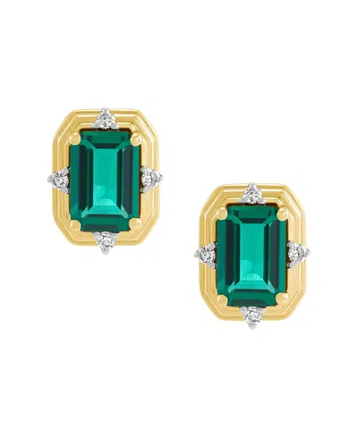 Macy's Lab-grown Emerald (1-1/10 Ct. T.w.) & Diamond (1/20ct. T.w.) Stud Earrings In 14k Yellow Gold-plated