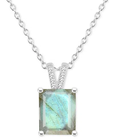Macy's Labradorite & Diamond Accent Emerald-cut 18" Pendant Necklace In Sterling Silver (also In Onyx)