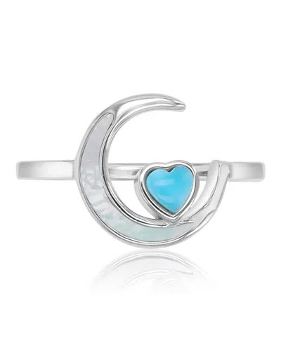 Macy's Larimar (0.21 Ct. T.w.) & Imitation Pearl (10.50mm) Moon & Heart Ring In Rhodium Over Sterling Silve In White