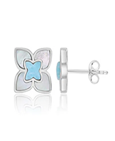 Macy's Larimar And Imitation Pearl Flower Stud Earrings In Rhodium Over Sterling Silver