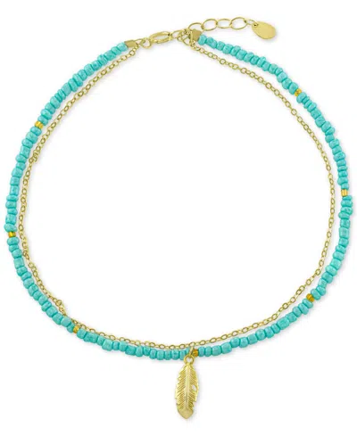 Macy's Leaf Charm Seed Beaded Double Chain Ankle Bracelet In 14k Gold-plated Sterling Silver In Multi