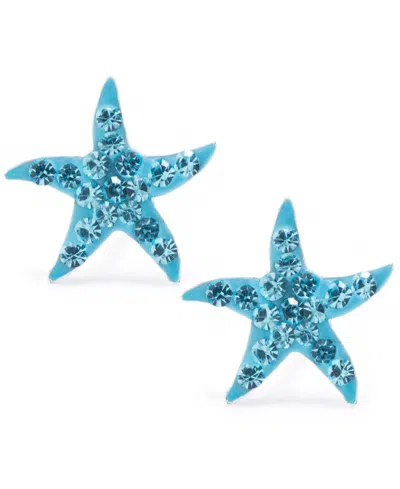 Macy's Light Aqua Crystal Pave Starfish Stud Earrings In Sterling Silver In Blue