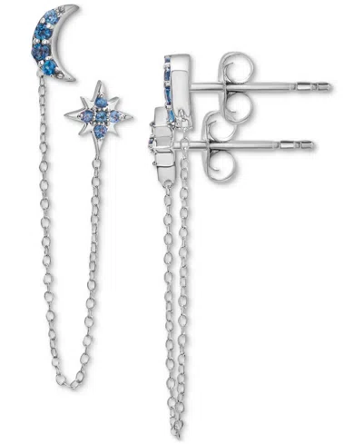 Macy's London Blue Topaz (1/2 Ct. T.w.) Moon & Star Double Pierced Chain Drop Earrings In Sterling Silver