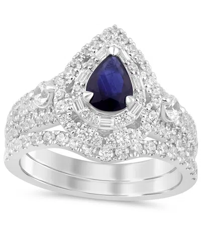 Macy's London Blue Topaz (2-1/2 Ct. T.w.) & Diamond (5/8 Ct. T.w.) Pear Halo Bridal Set In 14k White Gold