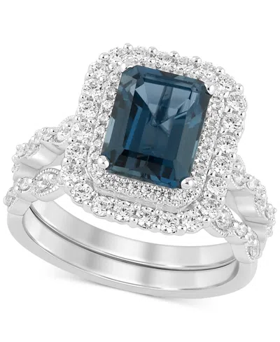 Macy's London Blue Topaz (2-7/8 Ct. T.w.) & Diamond (7/8 Ct. T.w.) Double Halo Bridal Set In 14k White Gold