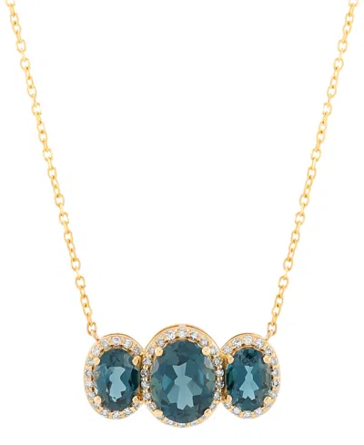 Macy's London Blue Topaz (4 Ct. T.w.) & Diamond (1/4 Ct. T.w.) Oval Trio Halo Pendant Necklace In 10k Gold,