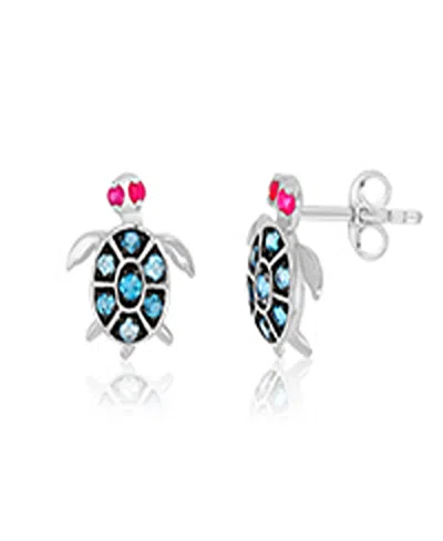 Macy's London Blue Topaz And Ruby Sea Turtle Stud Earrings In Rhodium Over Sterling Silver In Red