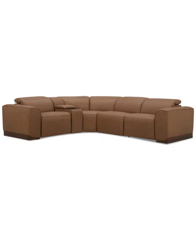 Macy's Lovro 5-pc. Leather Sectional With 2 Power Motion Chairs & 1 Console, Created For  In Butternut