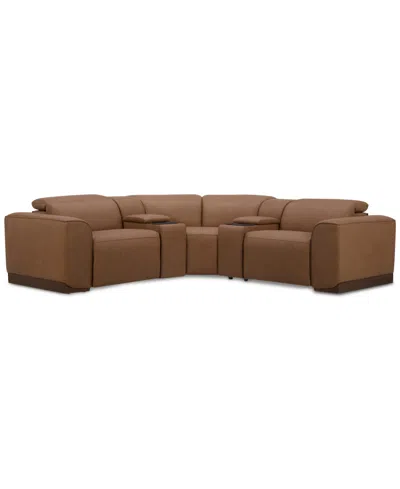 Macy's Lovro 5-pc. Leather Sofa With 2 Power Motion Chairs & 2 Consoles, Created For  In Butternut
