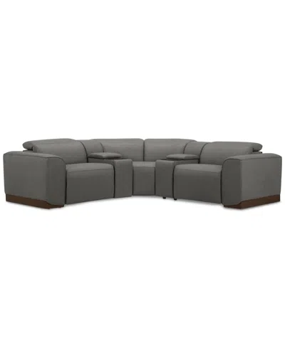 Macy's Lovro 5-pc. Leather Sofa With 2 Power Motion Chairs & 2 Consoles, Created For  In Light Grey