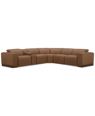Macy's Lovro 6-pc. Leather Sectional With 2 Power Motion Chairs & 1 Console, Created For  In Butternut