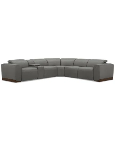 Macy's Lovro 6-pc. Leather Sectional With 2 Power Motion Chairs & 1 Console, Created For  In Light Grey