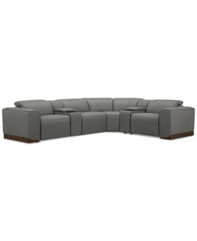 Macy's Lovro 6-pc. Leather Sectional With 2 Power Motion Chairs & 2 Consoles, Created For  In Gray