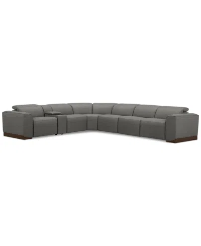Macy's Lovro 7-pc. Leather Sectional With 3 Power Motion Chairs & 1 Console, Created For  In Light Grey