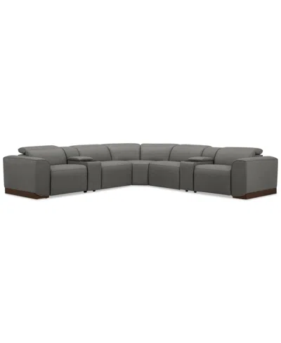Macy's Lovro 7-pc. Leather Sectional With 3 Power Motion Chairs & 2 Consoles, Created For  In Light Grey