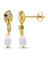 Macy's Macy Oval Freshwater Cultured Pearl Drop Cubic Zirconia Tulip Design Post Earrings In Gold