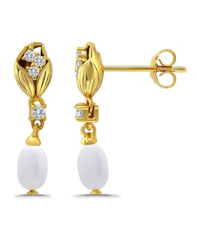Macy's Macy Oval Freshwater Cultured Pearl Drop Cubic Zirconia Tulip Design Post Earrings In Gold