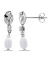 Macy's Macy Oval Freshwater Cultured Pearl Drop Cubic Zirconia Tulip Design Post Earrings In Silver