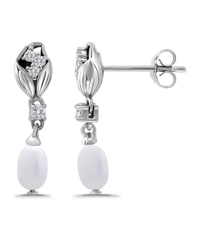 Macy's Macy Oval Freshwater Cultured Pearl Drop Cubic Zirconia Tulip Design Post Earrings In Silver