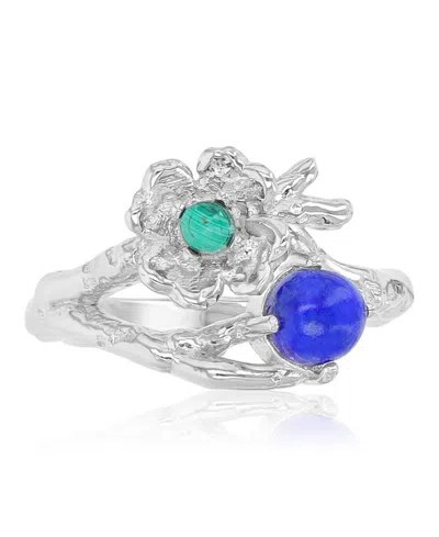 Macy's Malachite (0.14 Ct. T.w.) And Lapis (5 Mm) Flower Ring In Rhodium Over Sterling Silver In White