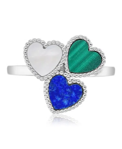 Macy's Malachite (0.8 Ct. T.w.) Lapis & Imitation Pearl Tri-hearts Ring Set In Rhodium Over Sterling Silver In Metallic