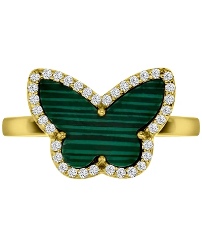 Macy's Malachite & Cubic Zirconia Butterfly Halo Ring In 14k Gold-plated Sterling Silver