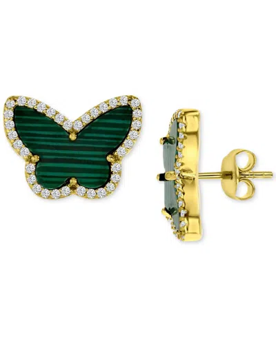 Macy's Malachite & Cubic Zirconia Butterfly Stud Earrings In 14k Gold-plated Sterling Silver