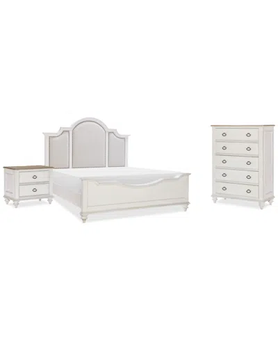 Macy's Mandeville 3pc Bedroom Set (upholstered California King Bed + Drawer Chest + 2-drawer Nightstand) In White