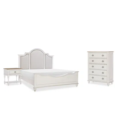 Macy's Mandeville 3pc Bedroom Set (upholstered King Bed + Drawer Chest + 1-drawer Nightstand) In White